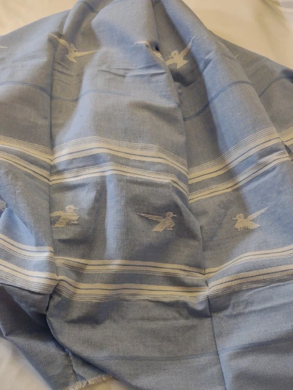 Vintage Hand Woven/Embroidered Lt. Blue Striped Napkin & Table Cloth/Runner Set